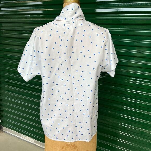 Vintage 80s Pykettes White & Blue Polka Dot Short Sleeve Blouse XL USA - Picture 5 of 9